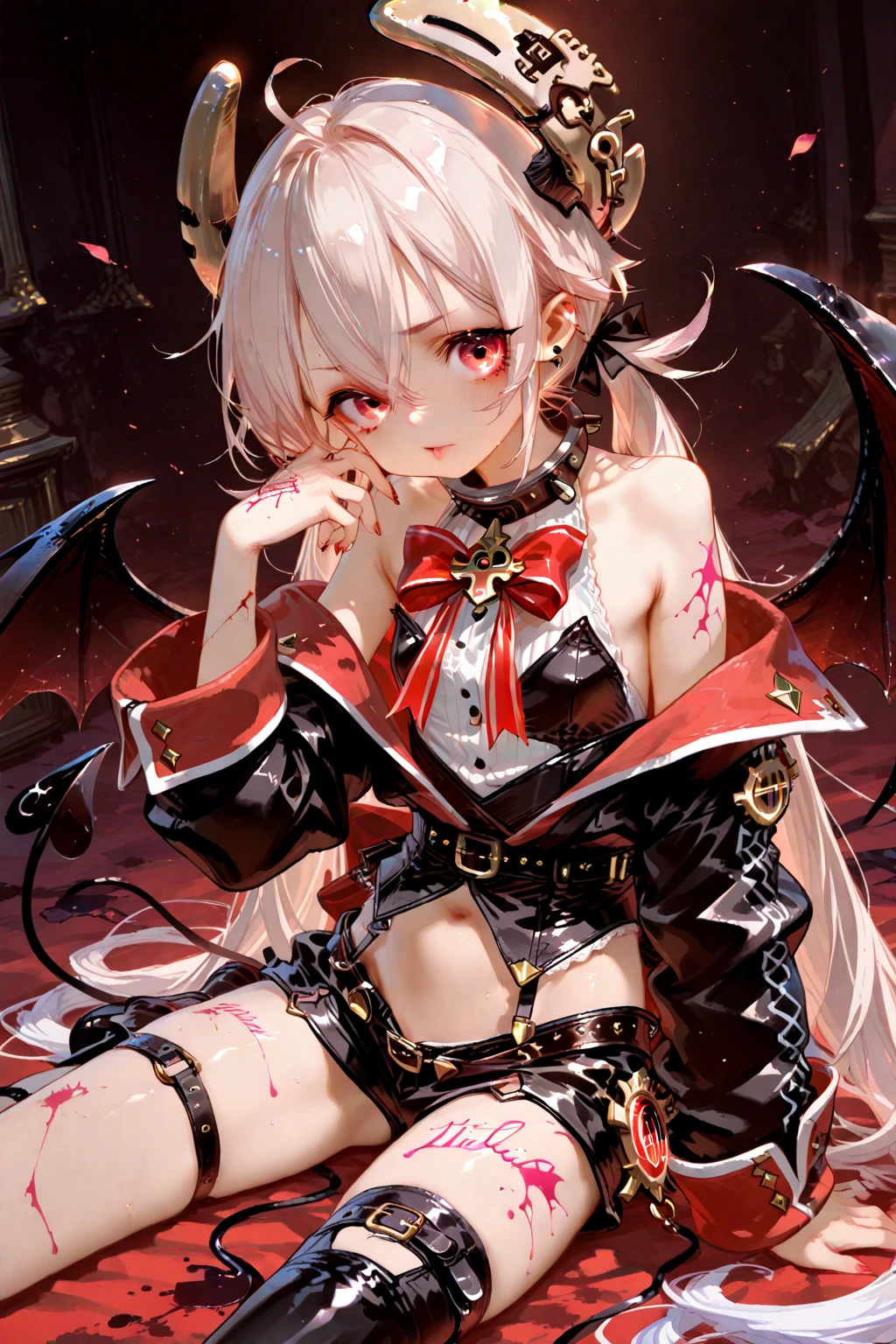 It makes a woman with short white hair white skin short clothes with chains and with black horns forward and a red crown