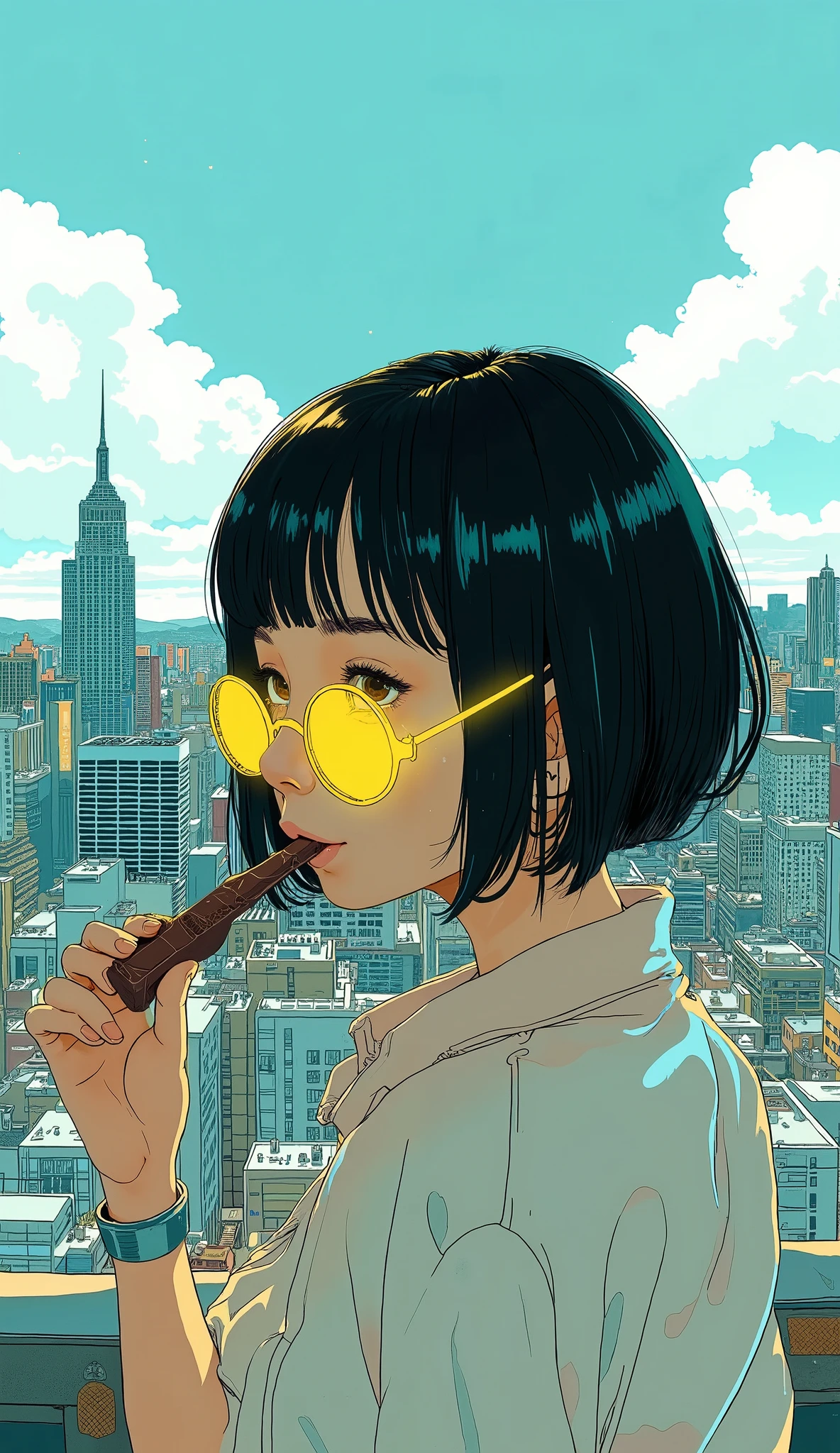 an image of a Japanese woman with bangs and short hair, She wears neon yellow glasses, She's eating a chocolate bar in a way , Create a rooftop view in an urban setting, with panoramic cityscapes, dramatic skylines, and a sense of elevation.
