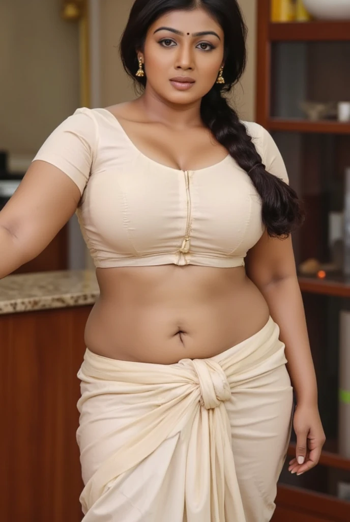 Indian chubby curvy girl with indian skin tone and with black oiled hair in indian kitchen wearing sleepwear