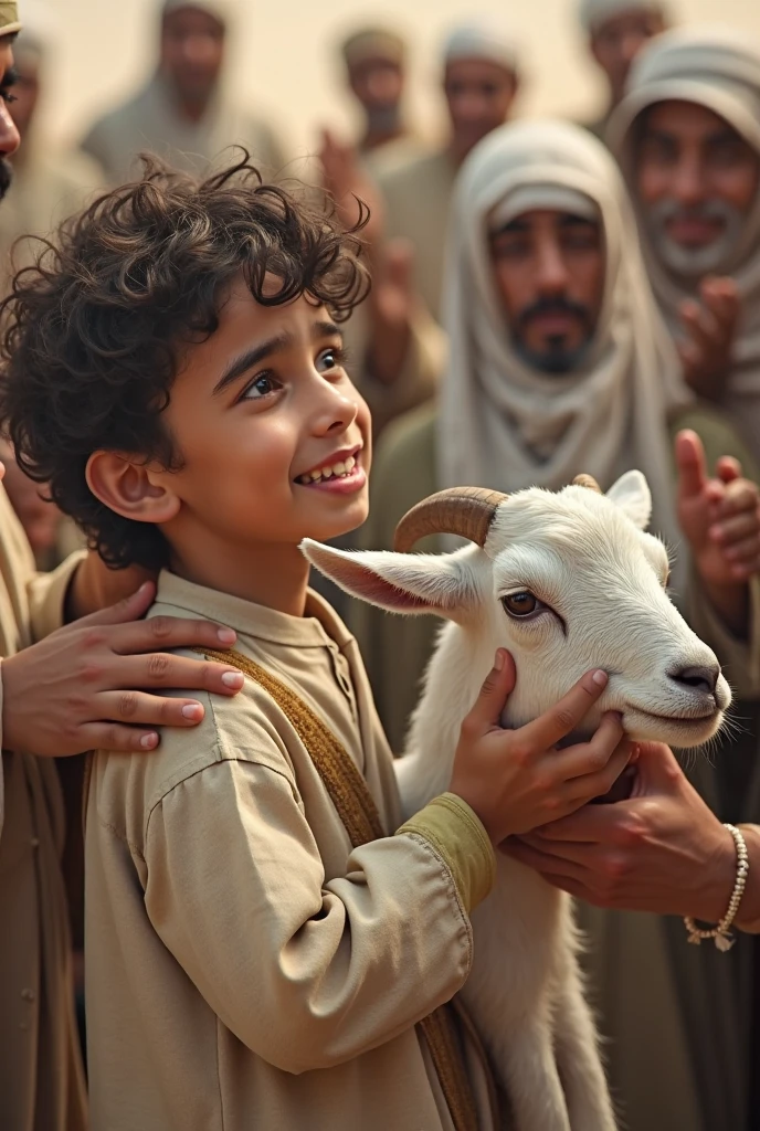 Um judeu, 7 years old, Pixar-style, Caucasian skin, Short curly hair in light brown color, dark green eyes, wearing a white Jewish dress, with brown blanket, brown belt, jewish sandal, happy and welcoming expression, detailed facial features, complex clothing folds, warm lighting, cinematic composition in the desert, little sheep nearby, rewarded photography.