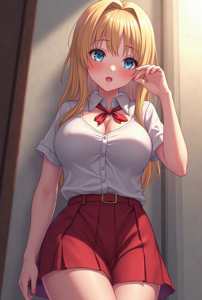 masterpiece, highest quality, High resolution, kitagawa marin sb, Bend your knees and open your legs wide,1 girl, Blonde Hair, Long Hair, Colorful Hair, Red eyes, jewelry, Earrings, Earrings, , White shirt, Tied Shirt, Black choker, Blue tie, Checked skirt, (whole body),Lacy black panties, ((Open front shirt)), (I can see your bra:1.3), Cleavage