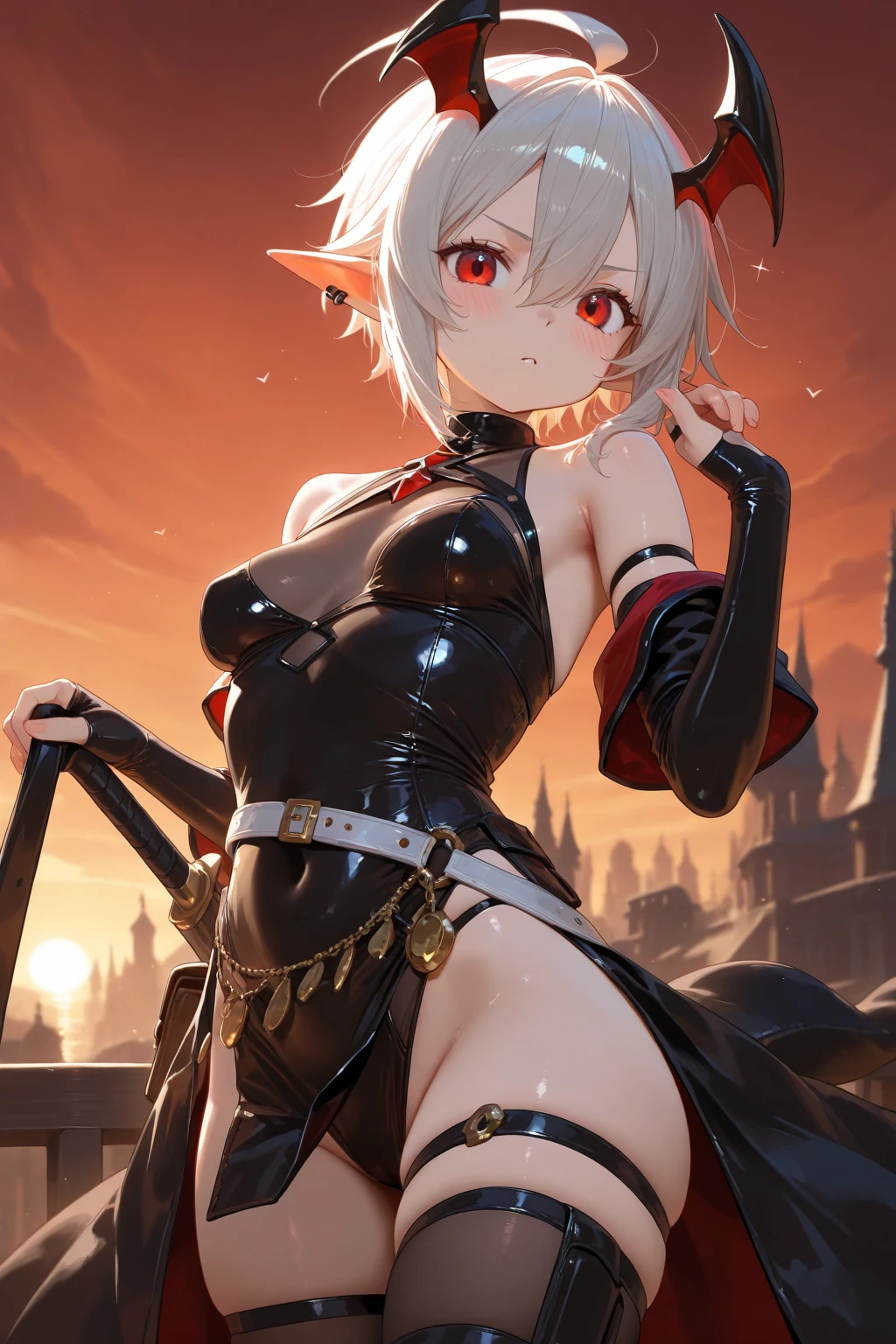 (4k quality), sexy and thin elf, naked, with long stockings, wearing a plug in her ass, sexy pose, detailed short white hair, detailed red eyes, best quality, expressive eyes, perfect face,