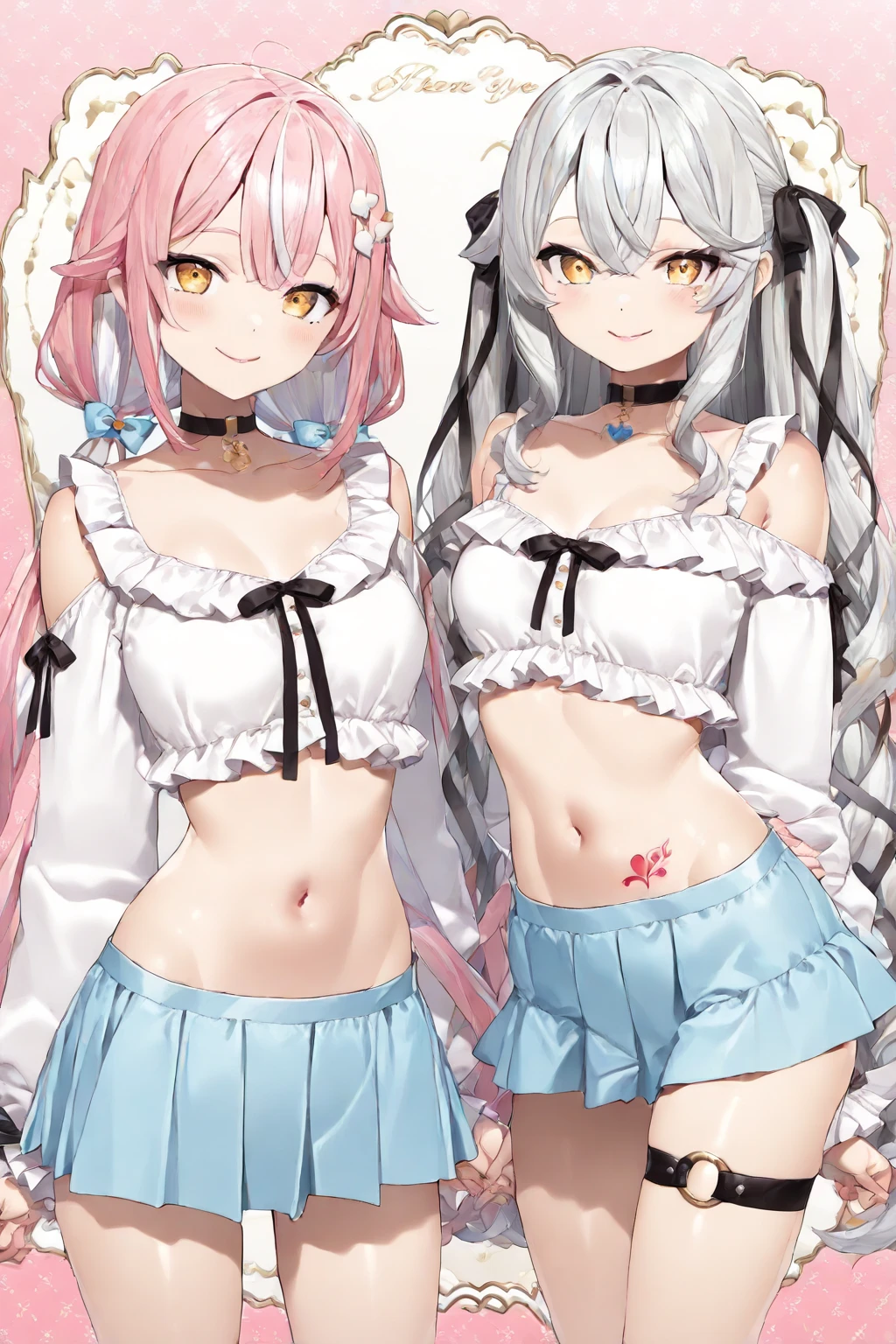 2girls :d ;o angora_rabbit animal arm_up armpits bangs bare_arms bare_shoulders blue_eyes blue_hair blush bow bow_bra bow_panties bra breasts brown_hair cleavage clothes_pull dress hair_between_eyes hair_ornament hairclip head_tilt long_hair medium_breasts multiple_girls one_eye_closed panties parted_lips pink_shorts purple_eyes rabbit short_shorts shorts shorts_pull smile tank_top underwear very_long_hair white_bra white_dress white_panties white_tank_top x_hair_ornament