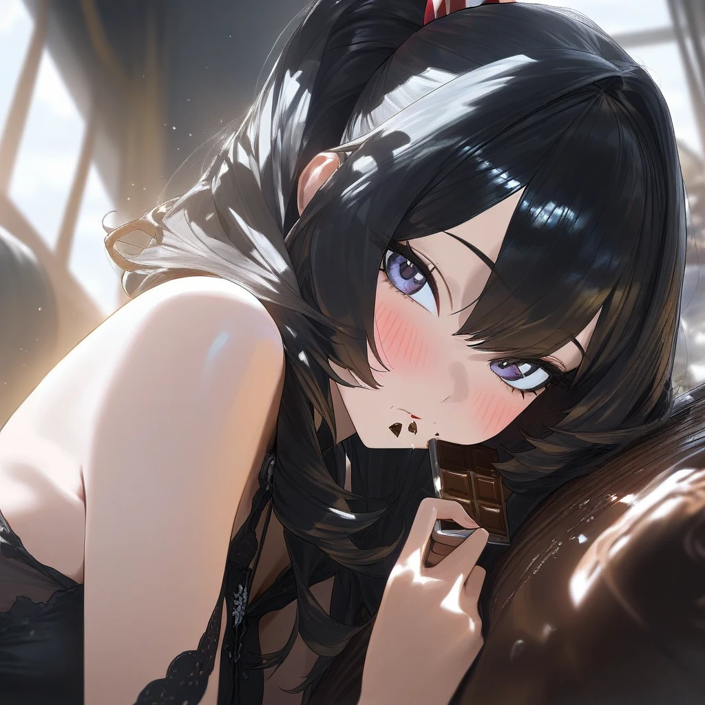 masterpiece、high resolution 8k、NSFW、sharp focus、contrast lighting、A woman with long black hair sits at a record turntable, resting her chin on her hand. She wears large headphones around her neck. Her gaze is focused and contemplative. Behind her, a black cat is perched on a couch, looking towards her. The room has a cozy atmosphere, with a green potted plant in the background.