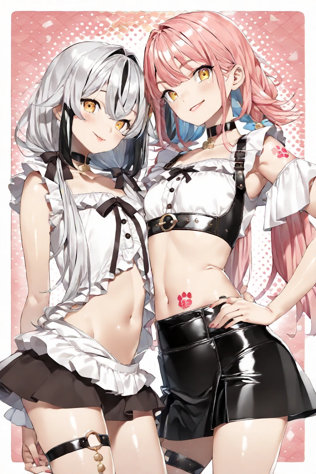 2 Girls with pink hair, long double-tailed hairstyle, ((small pink bushy eyebrows)), wearing lolita clothing, marked vagina, lolicon (Zankuro) drawing style by zankuro artist, Zancro style, image uploaded to R34, flirty smile , ((showing the pubes)) in a restaurant,(( undressing each other))