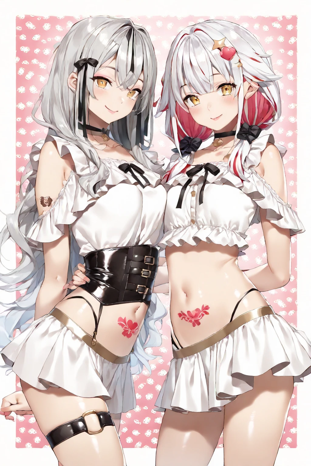 NSFW,small breasts,silver hair,hair above one eye,pink eye magical girl costume,removed sleeve,Corruption,beret,ribbon,Heart Pendant,earring star piece,best image quality,highest quality