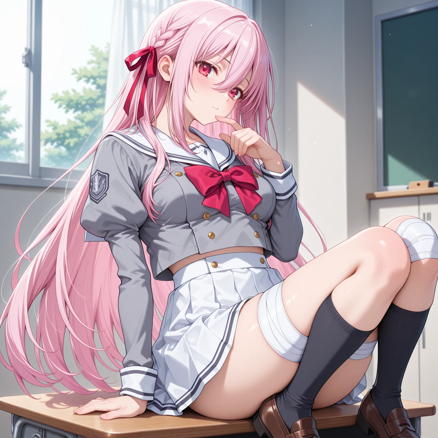 stealth,garter belt,Pink Panties,Big breasts with legs spread,High Resolution 1girl Ahoge Bobby_pin bow bowtie braid brOwn_目s collared_shirt dojikko_Temporarily stop_shirt frilled_shirt_Color Free Joint_skirt frills hair_bow hair_ornament hairpin hand_in addition_Own_head, heart, heart_hair_Decorative hood_jacket jacket lin additiong_Pentagon Pink_hair plaid plaid_Ribbon Check_Pleated skirt_skirt shirt shoelaces shoes simple_background sitting skirt solo star_(symbol) twin_Braided Warisa White_At the airport_Knee socks, whole body