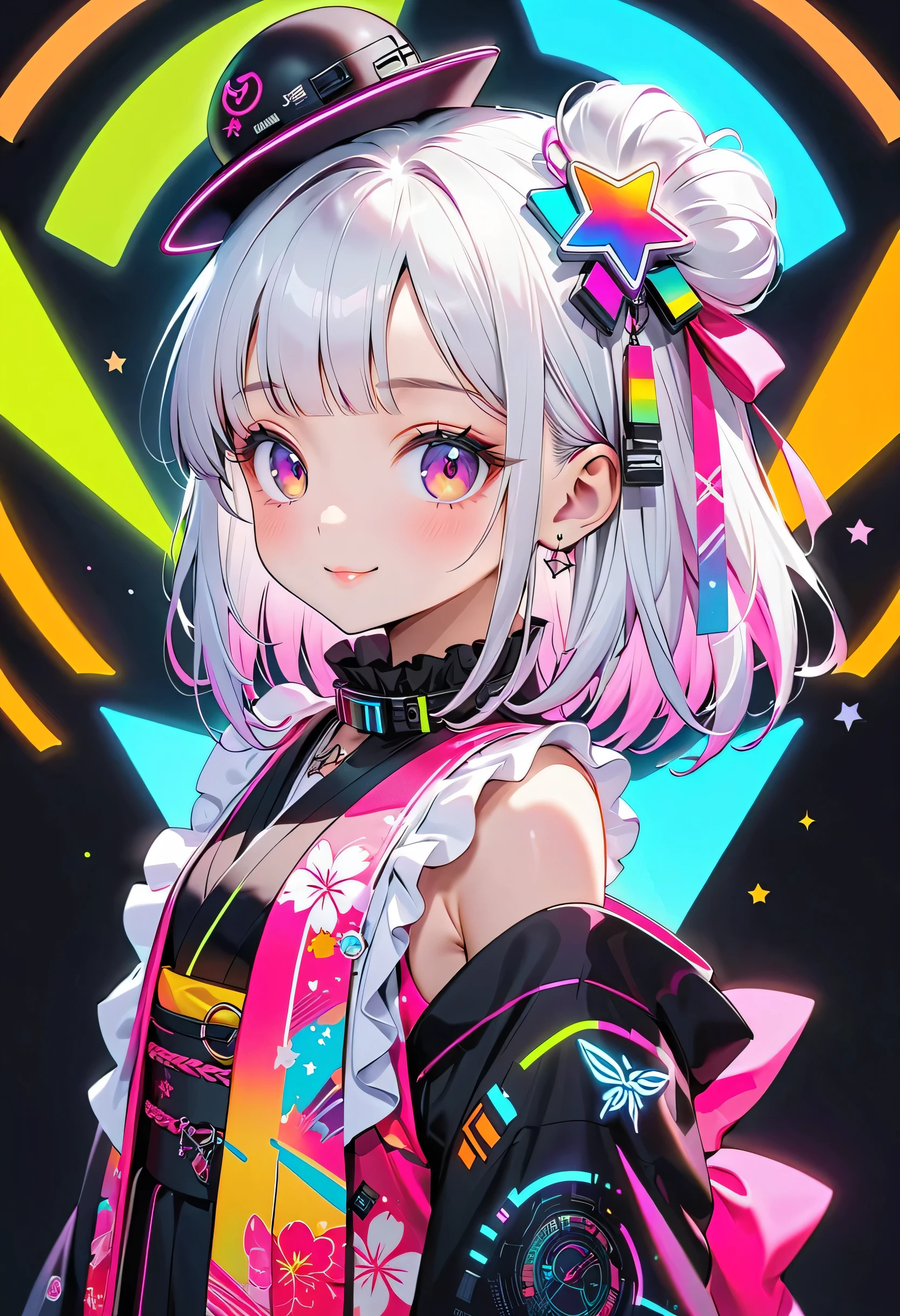  cute young girls , best details, cute face,cute smile、 Beautiful appearance,  ((Shiny milky white hair)) 、beautiful attention to detail,(((Cyberpunk and kimono fusion)))、((neonカラーパレット)), ((neonカラースターチョーカー)), ((Ruffles on the collar  )), ((wear a cute cyberpunk kimono costume)), ((Protruding shoulders, long wide cuffs)), ((fashion pattern that feels like space)), ((  Star Fairy)), ((wear a colorful and cute gothic kimono costume)), smile,  smirking, World's Cutest Girl, star background, best details , Rainbow Hair Ornament, Vtuber character design, neon, Shine, sparkle、太目のneonカラーアウトライン、(((Little silk hat on her head)))、