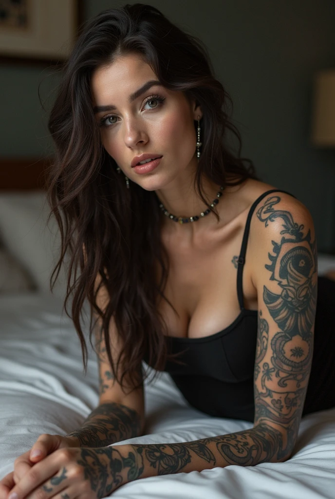 2 tattooed Keira Knightley sitting in the center of a leather couch facing the camera. 
