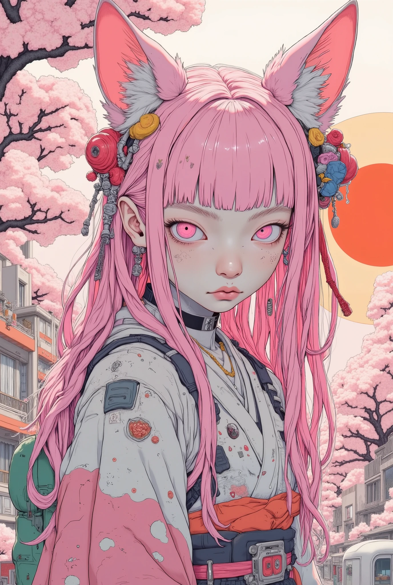 Cyberpunk geisha pink hair neck tattoos arm tattoos full body tattoos fluffy pink fox ears fluffy pink fox tail layed kimono with sash bells and ribbons girl in cool pose, rising sun cherry blossom trees shinto shrine