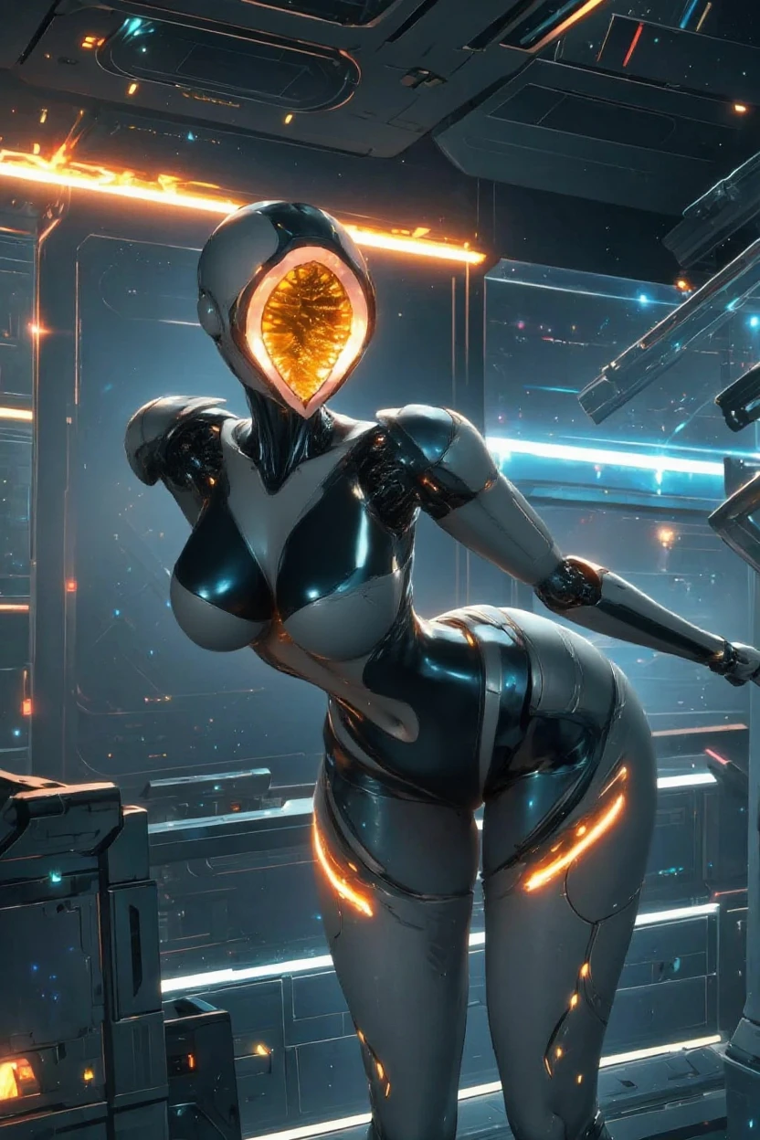 (masterpiece), (best quality), (high res) Solo, (perfect anatomy) Dronificated unknown woman , (enclosed gray full body armor) (yellow lights) (yellow glowing core in the chest), (enclosed cyber helmet), (yellow screen), huge breast, narrow waist, wide hips and thick thighs,(no face) no face, no hair, no mouth, no eyes, inside a room Being geld anf fucked by a machine, (sex) (fuck)