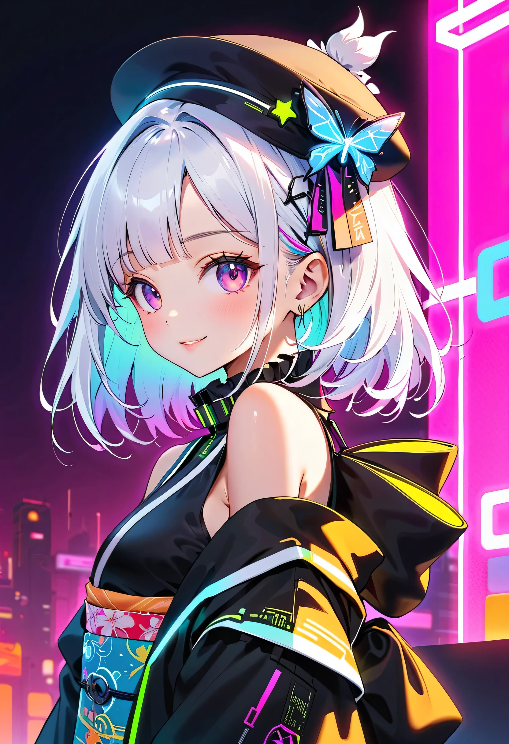 cute young girls , best details, cute face,cute smile、 Beautiful appearance, ((Shiny milky white hair)) 、beautiful attention to detail,(((Cyberpunk and kimono fusion)))、((neonカラーパレット)), ((neonカラースターチョーカー)), ((Ruffles on the collar )), ((wear a cute cyberpunk kimono costume)), ((Protruding shoulders, long wide cuffs)), ((fashion pattern that feels like space)), (( Star Fairy)), ((wear a colorful and cute gothic kimono costume)), smile, smirking, World's Cutest Girl, star background, best details , Rainbow Hair Ornament, Vtuber character design, neon, Shine, sparkle、太目のneonカラーアウトライン、(((Little silk hat on her head)))、