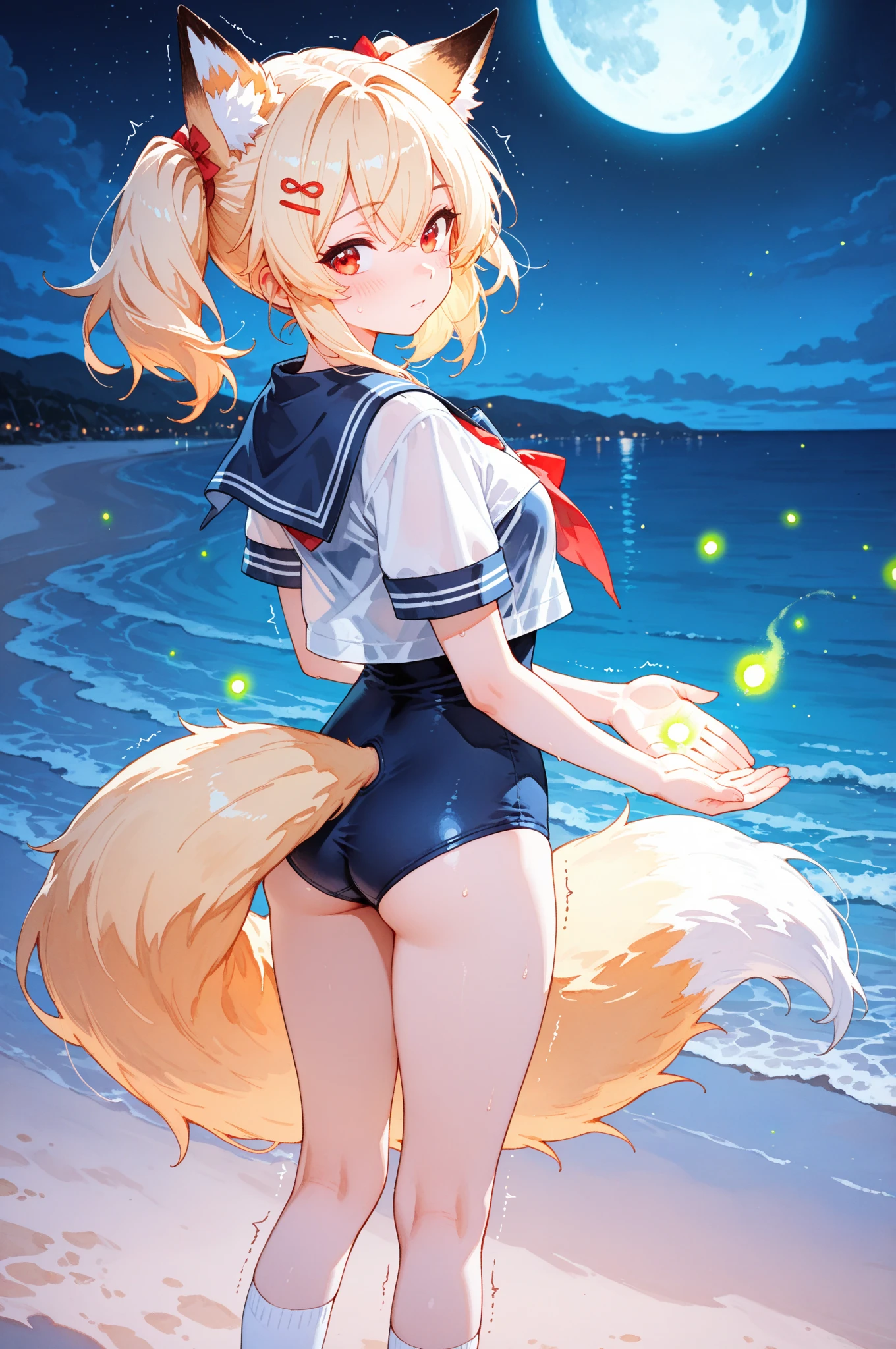 Best quality，Masterpiece，nude naked no clothes，Manteau blanc，(Fox facial features，Physical characteristics of a fox，short shoulder length braided hair)，Small stature，bit girl，((blonde body，blonde arms，blonde legs，green eyes, blonde fox tail))，ocean background at night, fireworks in sky, female, furry, anthro, legs spread, laying down, knees up, blushing, small breasts, rubbing vagina,
