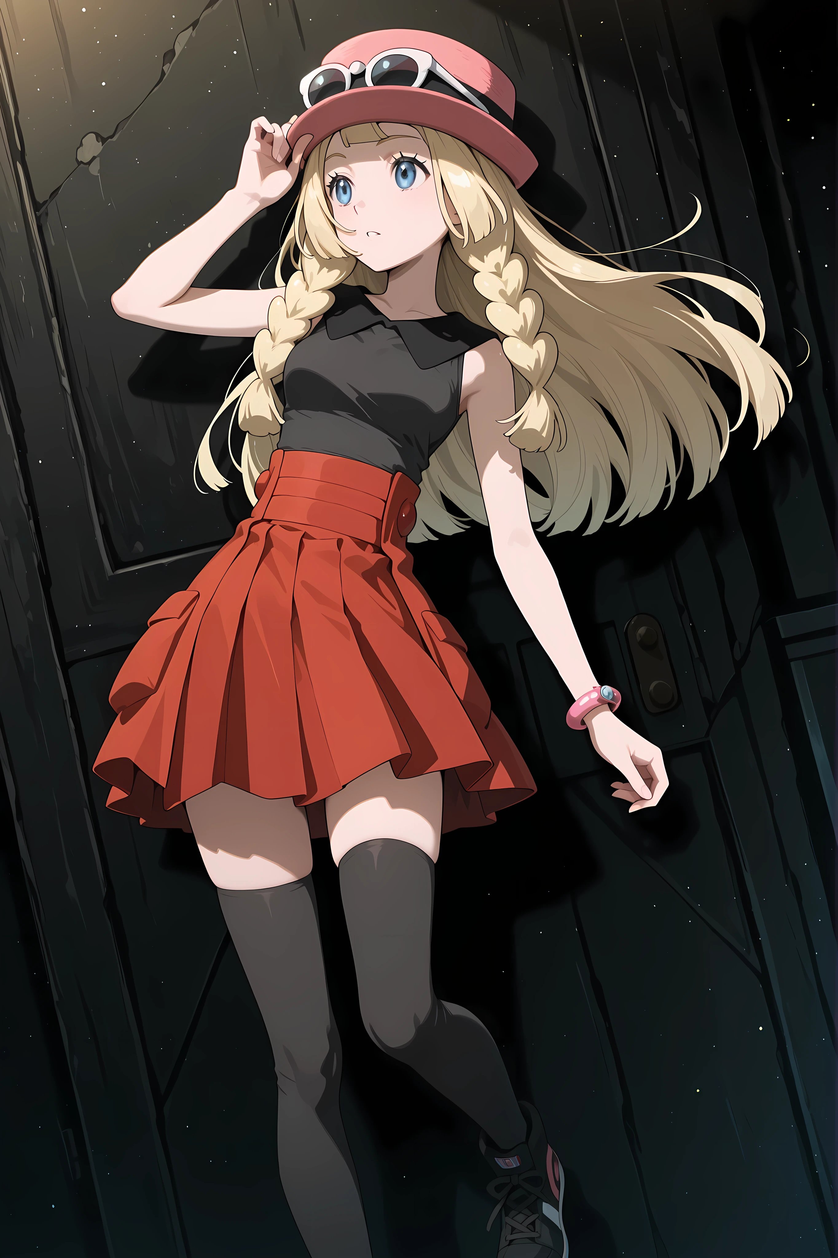 Lillie, blonde hair, long hair, blue eyes, seated. Dressed as Serena, sleeveless shirt, sleeveless black shirt, bracelet, high-waist skirt, red skirt, black thighhighs, sunglasses, pink hat, black sneakers.