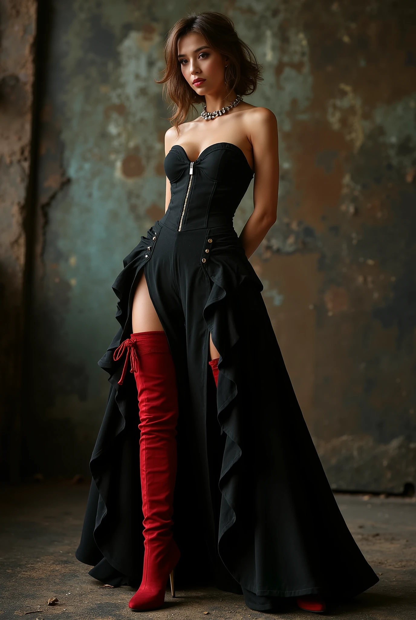 a sketch of a red gold and black dress with a leather corset and a skirt that is short in the front and long in the back