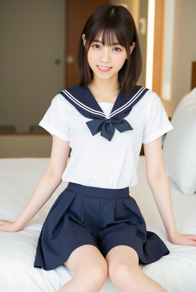 (highest quality,masterpiece:1.3,ultra high resolution),(Super detailed、caustics) (Photoreal:1.4, RAW shooting、)ultra-realistic capture、very detailed、natural skin texture、masterpiece、(junior high school sailor suit:1.3)、1 Japanese girl、adorable expression、expression of happiness、14 years old、young face、surprisingly cute、twin tails、curly hair、black hair、Scrunchie、light makeup、Big breasts that are about to burst、Sit on a chair and open your legs to the left and right、Filmed in a junior high school classroom、Shining thighs、summer sunshine、smile、inviting gaze、White panties