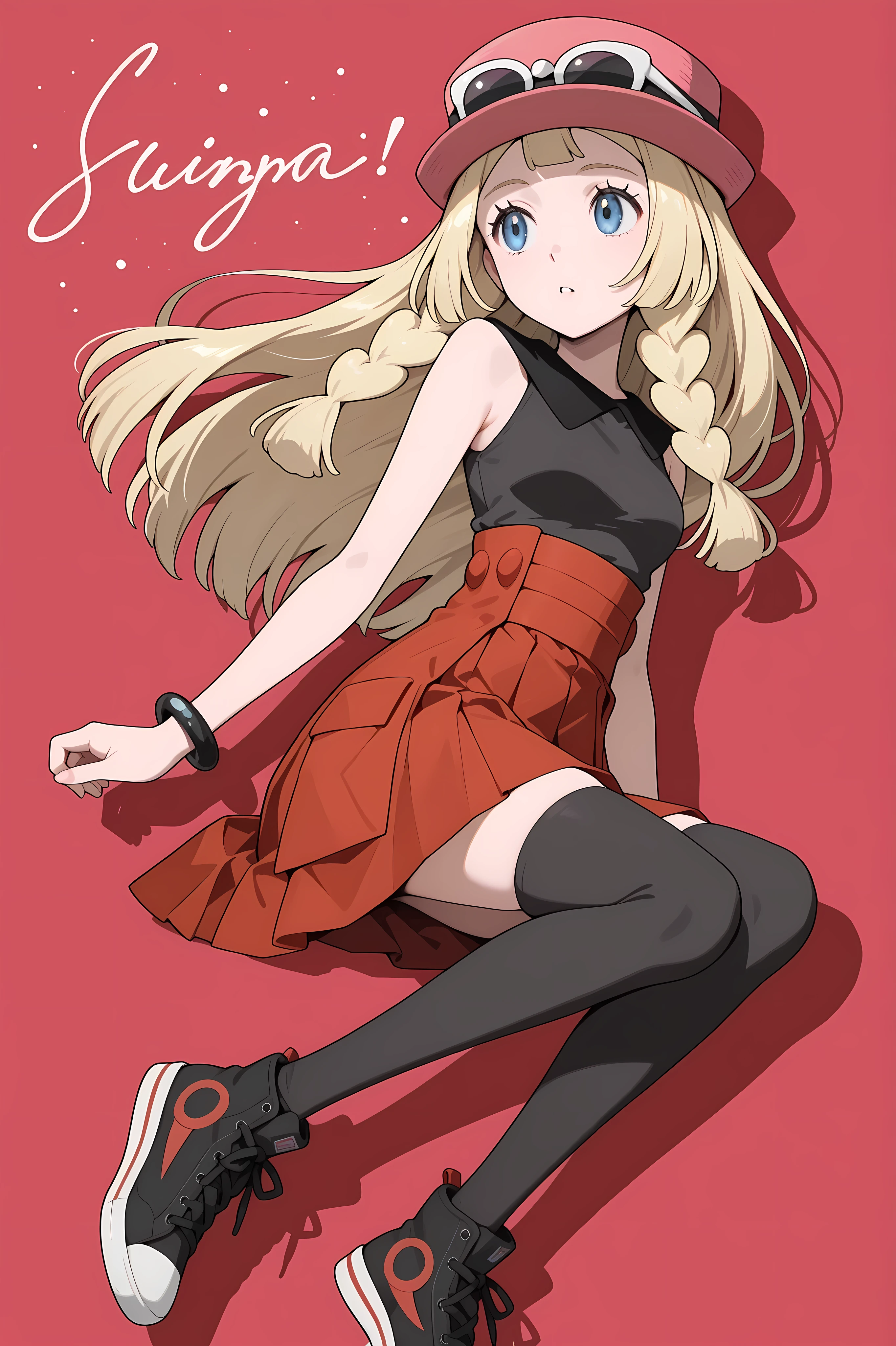 Lillie, blonde hair, long hair, blue eyes, seated. Dressed as Serena, sleeveless shirt, sleeveless black shirt, bracelet, high-waist skirt, red skirt, black thighhighs, sunglasses, pink hat, black sneakers.
