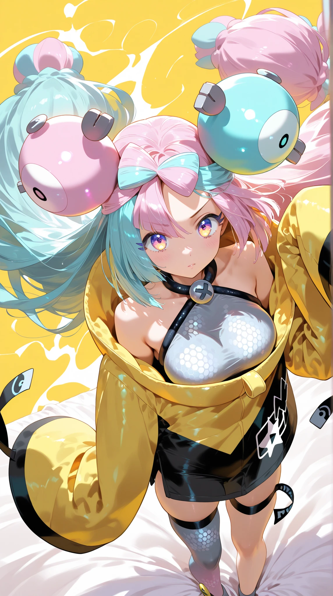 (Highest quality, masterpiece, Very detailedな, Very detailed, Exquisite, 16K,Full HD),(White Background:1.5),、Big Breasts,Pink hair and blue eyes、Yellow Jacket、Please raise your right hand、Lower your left hand、Stand only on your right foot、Raise your left leg。smile、Nanjamo,No text