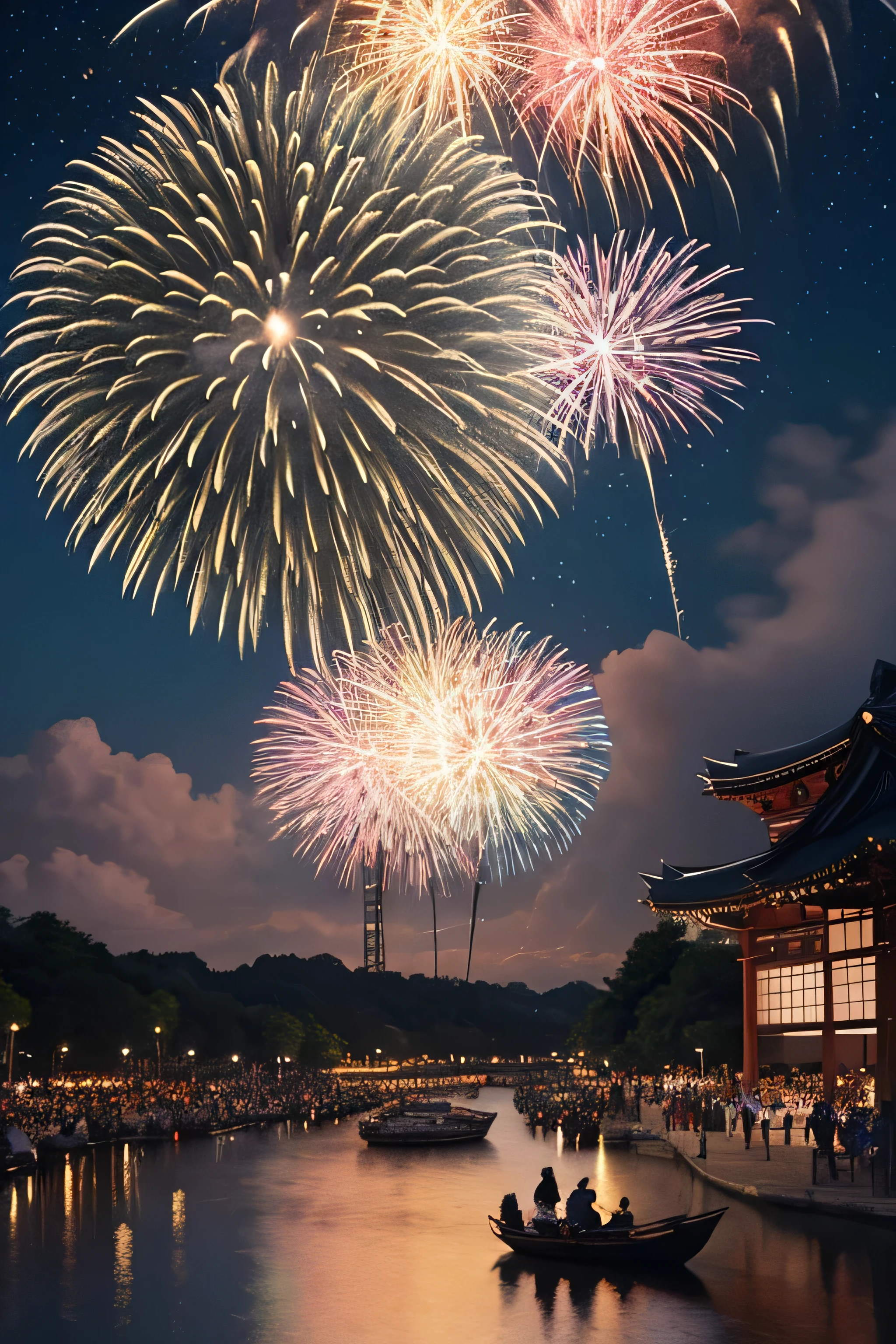 Summer festival scenery with colorful fireworks that spread out in the night sky。Fireworks light and people reflected on the riverside々Smile。Japanese-style lanterns and yukata patterns are beautifully drawn、fantastic and lively mood。high resolution、Delicate Brushwork Digital Illustration。