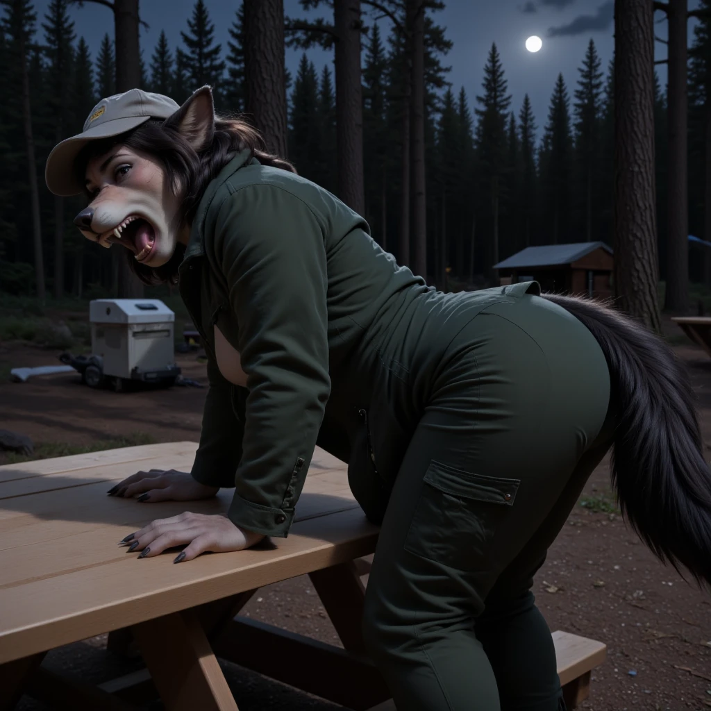 A girl with black hair with a white stripe in it. She has skunk ears and a skunk tail. She is bending over and her tail is lifted. She is spraying a stream of yellow-green liquid from her anus