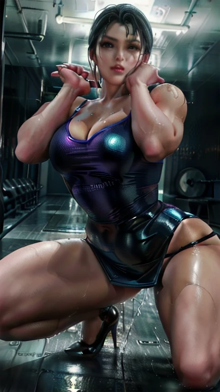 (best quality, 8k, highres, photorealistic:2.0), (solo, one girl:2.0),(lighting:front),(lighting: strong),(Russian Beauty:2.0),(very muscular girl:2.0),(bodybuilder girl:1.5),(shiny skin:2.0),(oily skin:1.5),(platinum blonde hair:1.5),(Squat down with both knees up and spread your legs apart:1.5),(raise both arms behind your head:1.5),(high heels:1.5),(lewd girl),(cyberpunk location:1.9),(She has a tremendous orgasm with intense climax:2.0),(((bikini bodybuilder uniform))),(small breasts:1.5)