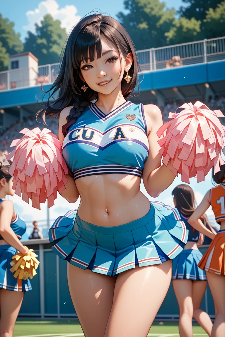 (8K, top quality, masterpiece: 1.2), cute, solo, Tokyo Dome, night, ((((Girl is wet)))), fine beautiful eyes, ((((Light brown hair)))) pale blue eyes, belly button, cleavage, Japan person, full body, adult, 28 years old, ((ruffled skirt)))), cheerleader, (legs raised)))), (cheerleading)))), (Skirt is flipped up in strong wind))) ), ((((cheering fiercely)))), ((((sweaty))), white costume, (((((underwear visible)))), cute smile, ((((hair is wet)))),