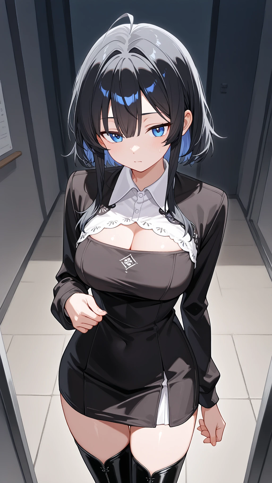 (Highly detailed CG Unity 32k wallpaper,masterpiece, Biological, whole body),(Best lighting, Best Shadow, Very delicate and beautiful),(High School Girl and Unidentified Creatures),blue eyes, Big Breasts,Bouncing chest, Black Hair,Bobcut,Red and black and White off-the-shoulder revealing high-cut SF bodysuit,One-piece swimsuit-style clothing,Clothes that emphasize the chest,Neck Seal,High-tech sci-fi corridor, Dynamic pose, Detailed Machinery, Sleek design.,My crotch is wet, {{The unidentified creature had no reproductive organs, so it preyed on the high school girls on the spaceship and disguised itself as a woman.、High school girls are candidates, The unidentified creature looks like a high school girl grown into an adult}}, Next to, The high school girl became a skeleton, Unknown sensation, Feels good, Vigorous movement, more, instinct, Female fall, Bouncing chest, loose, loose, Next to a real girl skeleton, locker room, NSFW