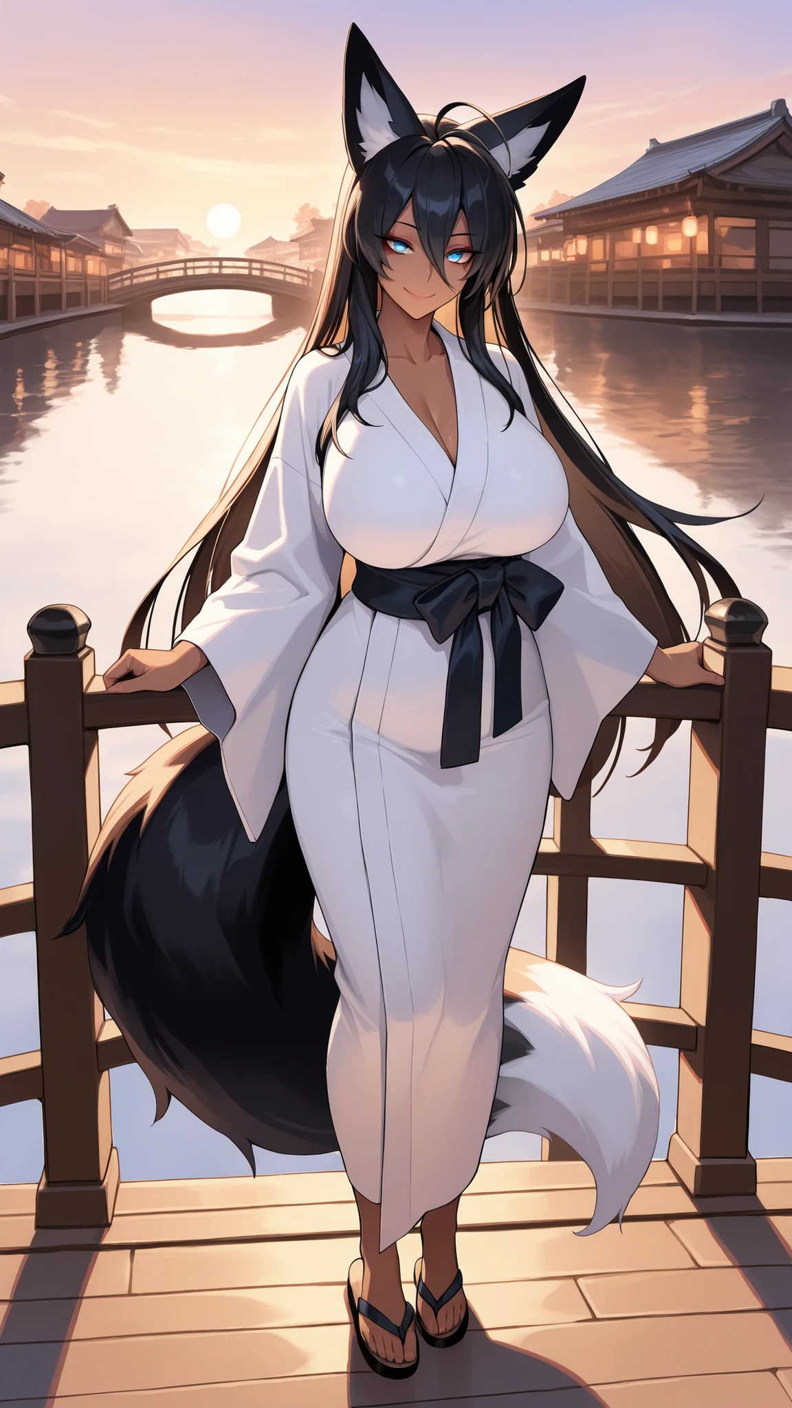 1girl, masterpiece , (delicate body features), soft ligths,,(32k super-resolution) , (hyper detailed illustration),(2.5d),<lora:unohana_retsu_v1:0.9> black hair, single braid, black eyes , unohana retsu ,one eye closed ,smile , (bend over) , dress , cleavage , ,hands on hips, night street
