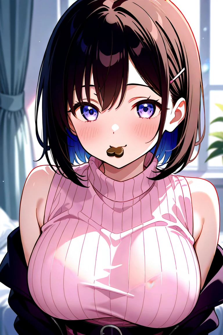 Masterpiece,Highest quality,8k,Ultra-high resolution,appropriate margins,lighting,BREAK,1 person,Very beautiful adult woman,Slim body,Very large breasts,Deep cleavage,BREAK,Black Hair,hairpin,mascara,Red eyeliner,Light pink lip,Thick upper eyelashes,Thin eyebrows,BREAK,Light purple eyes,BREAK,Embarrassed,Shy smile,BREAK,short hair,Wearing hair in one ear,BREAK,Red sweater,Denim shorts,BREAK,Eyes meet,Soaking wet