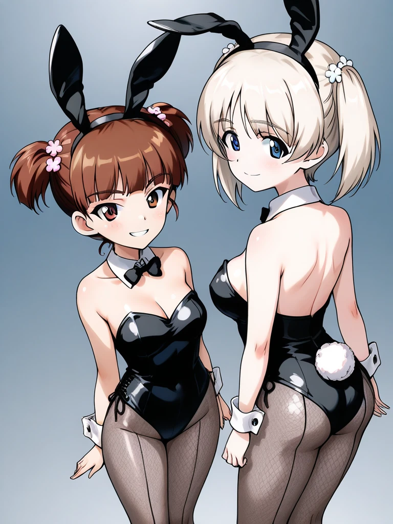 masterpiece, best quality, ultra detailed, beautiful face, beautiful skin, photorealistic, (professional lighting:1.4), 2 girls, breast press, light smile, (((on the left is small breasts girl with short black hair))), (((a little further away on the right is large breasts girl with long blonde hair))), (playboy bunny:1.4), pearl necklace, (erect nipples:1.3), (cameltoe:1.3), looking at viewer, cowboy shot, on sofa