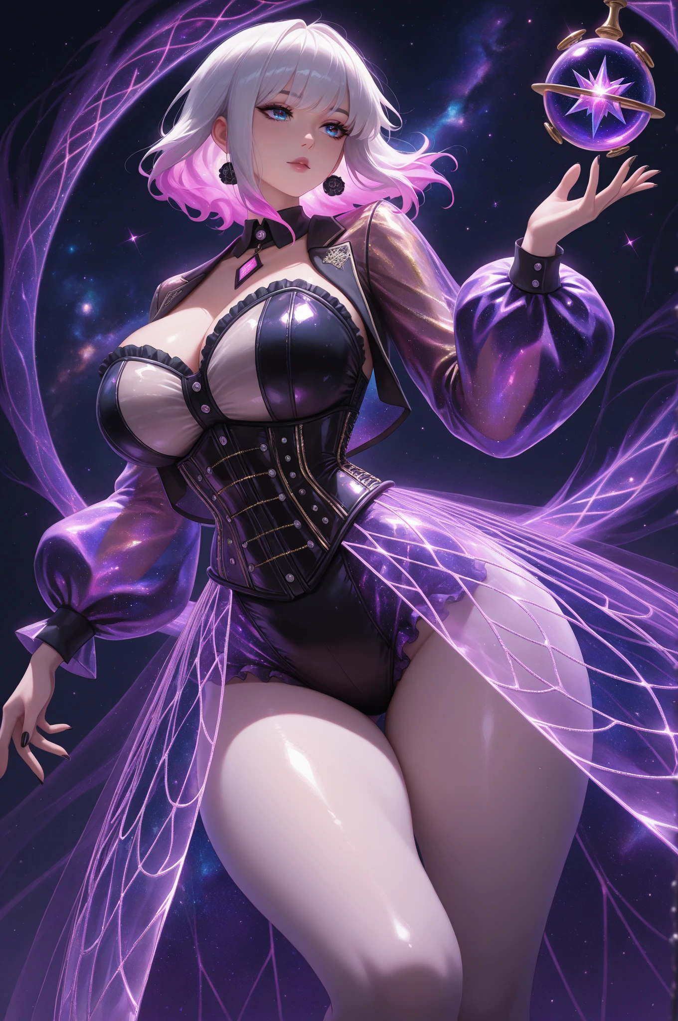 solo, super high image, super detail, high resolution, anime, manga, illustration, fantasy, super cute woman, amorous expression, Bee costume, Bee cosplay, Bee wings, Bee antennae, Gold Design Nippleless, sparkling big yellow eyes, laugh mischievously, happy, shy, huge breasts, under boob, great proportion, perfect proportion, slender, Full body, background northern renaissance style, kaleidoscope, rainbow and gold neon light many lines