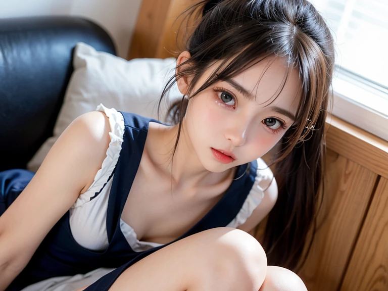 Pretty korean girl with silky black hair and blue eyes spreading her vagina on a bed