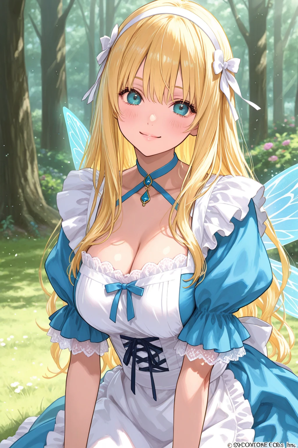1girl, solo, long hair, breasts, looking at viewer, smile, bangs, blue eyes, skirt, blonde hair, large breasts, thighhighs, gloves, navel, cleavage, bare shoulders, sitting, closed mouth, sidelocks, thighs, outdoors, frills, detached sleeves, necktie, pointy ears, elbow gloves, white gloves, blunt bangs, armor, apron, white thighhighs, blue skirt, maid, maid headdress, clothing cutout, garter straps, bug, elf, butterfly