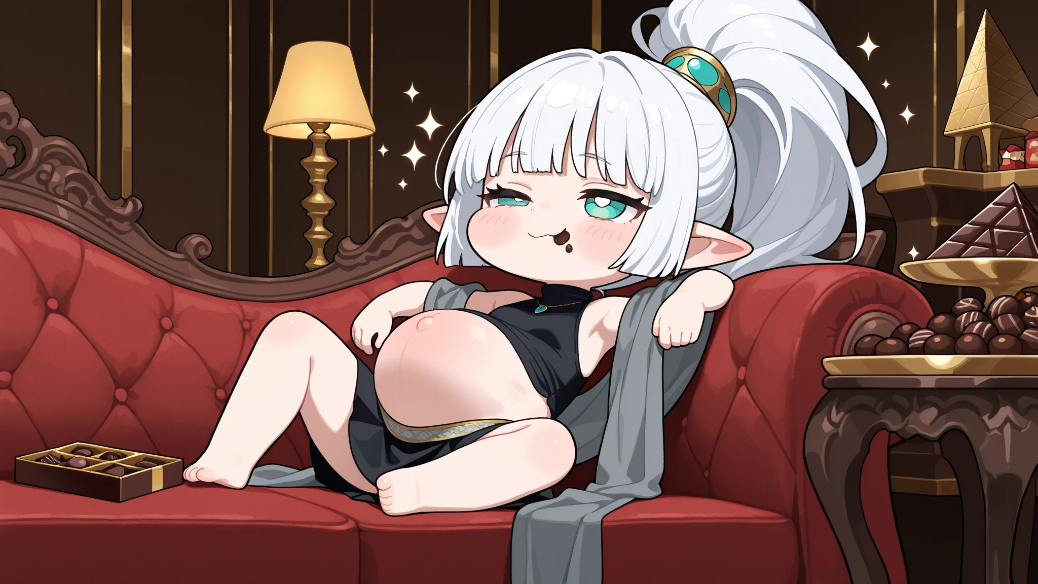 (((I want a pregnant elf woman, dark skin, white hair and green eyes, with full breasts and a thin waist, sitting alone in an armchair, wearing a white dress while stroking her belly)))