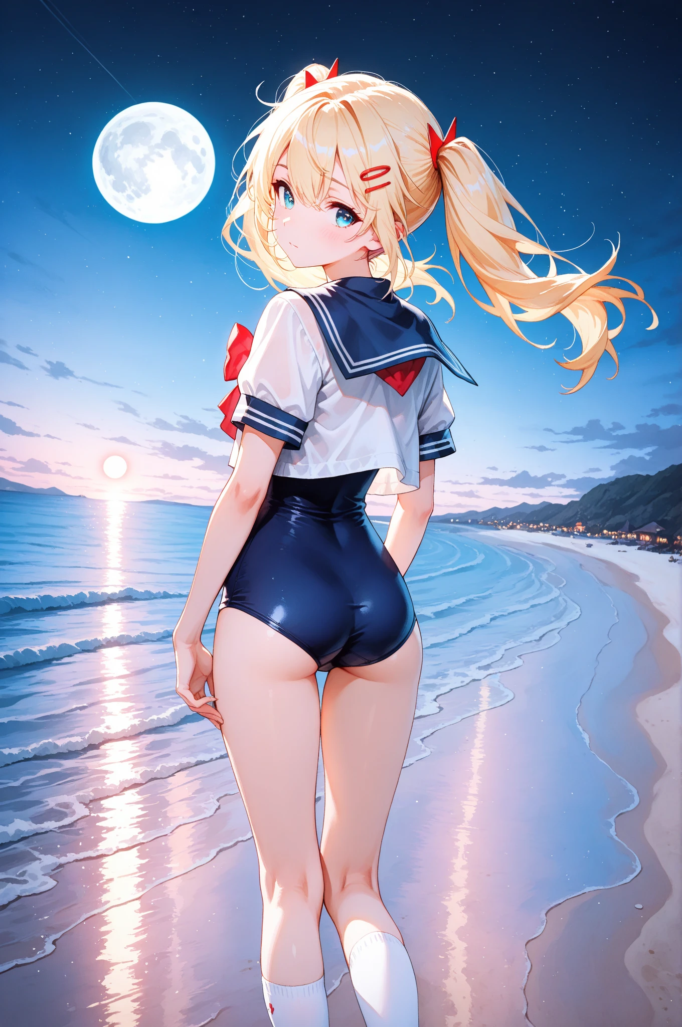 Draw a girl anime version ,light skin tone ,blond hair ,eyes the color of honey ,Sailor Moon Sweatshirt ,white thong underwear turned inside out in Japan