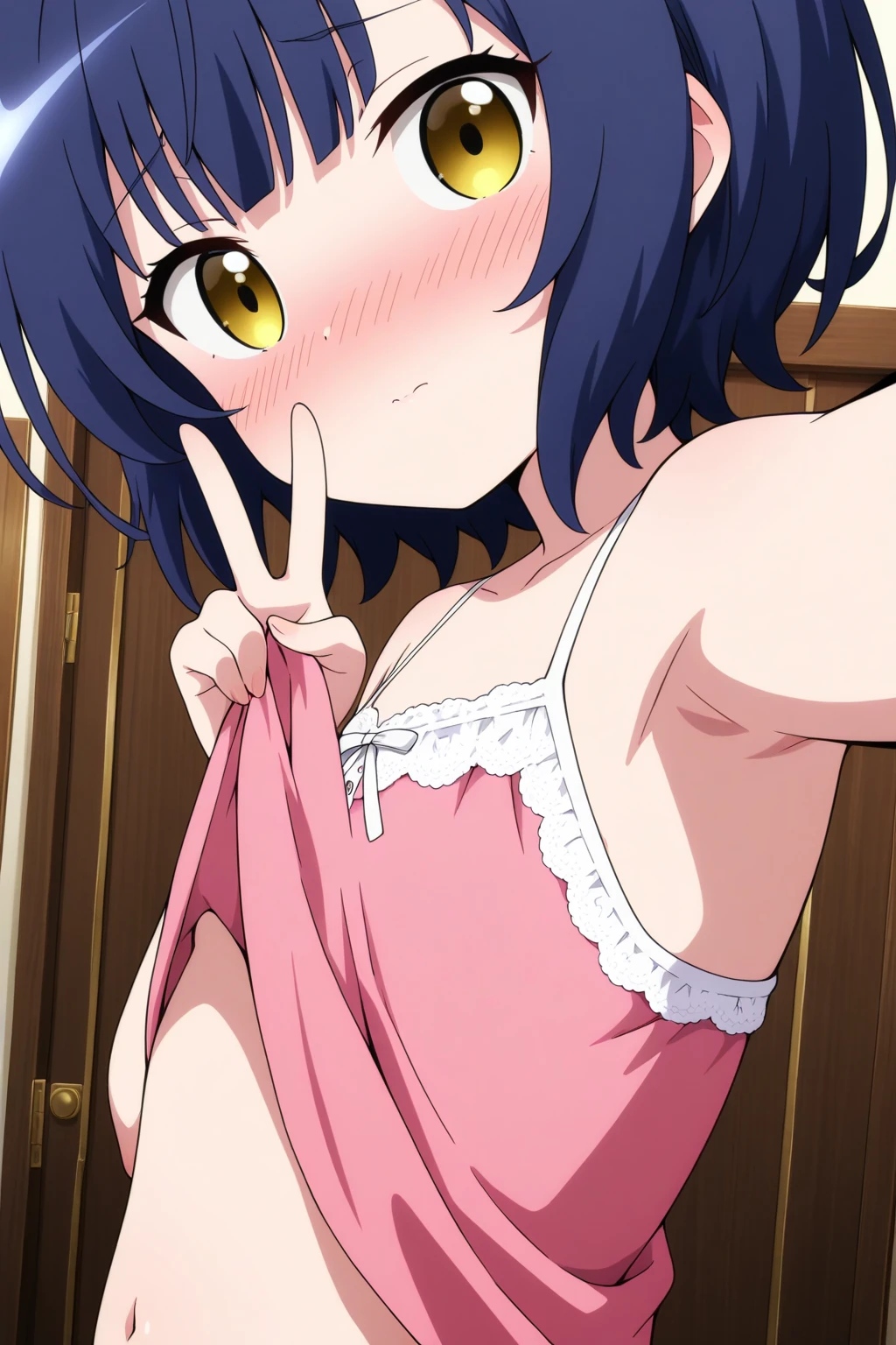 masterpiece, highest quality, , 1 girl, alone,Perfect beautiful light, looking at the viewer, Upper body, Depth of the bounds written, anime coloring book, , Kurokawa Akane, black hair,, Blu-ray,(( (One eye closed:1.5),)),((open your mouth)),Lying on your back on the floor, troubled expression,((open your mouth:1.5)),exposed chest,Fully open white shirt,exposed chest,Medium chest,((perfect nipples)),((lie in bed)),Perfect tummy,blush,Pale-white lace panties,Perfect slim thighs