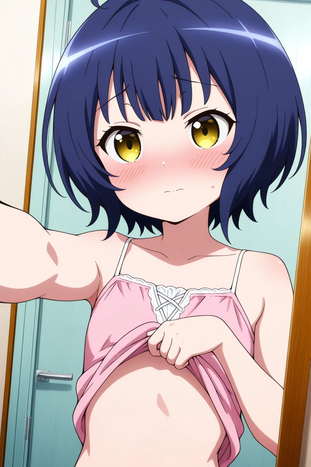 nsfw,Viewer Caution,One girl,komachihikigaya, komachi ,short hair, Black Hair, hair ornaments, Ahoge, Hair Clip, x hair ornaments, 
ribbon, In underwear,Green panties,((squat)),from the front,Show the whole body,Cowboy Shot,smile,Small breasts,Beautiful nipples,Upper body naked
