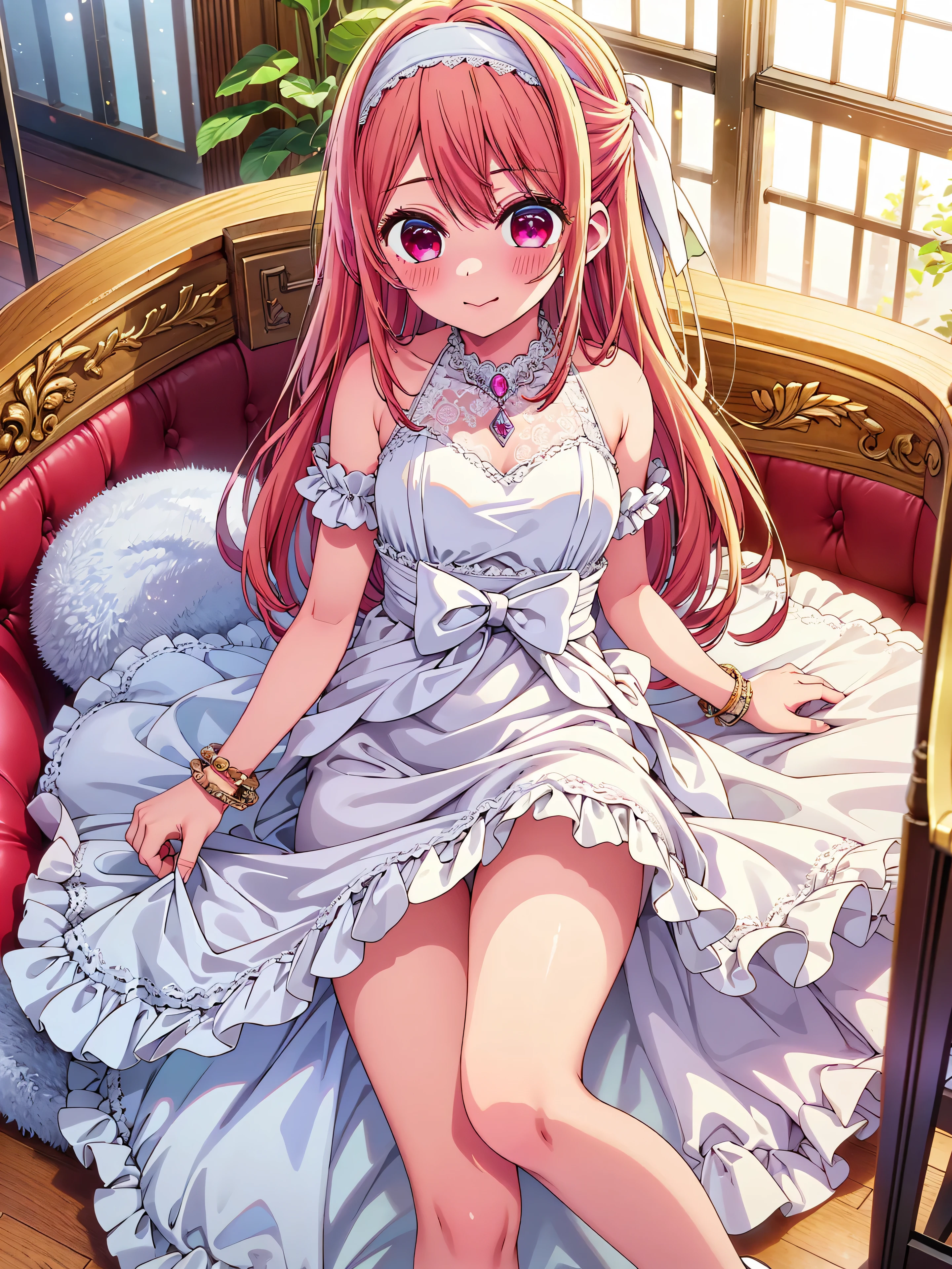 Highly detailed, high quality, masterpiece, beautiful, (all photo shooting), girl child student, perfect eyes, orange eyes, light eyes, blushing face, happy face, lying down, big thighs, medium chest, short stature, long hair, pink hair, with bracelet on hand, bow in hair, headband, wearing miniskirt, wedding dress, shows full panties, sexy, background image in a church