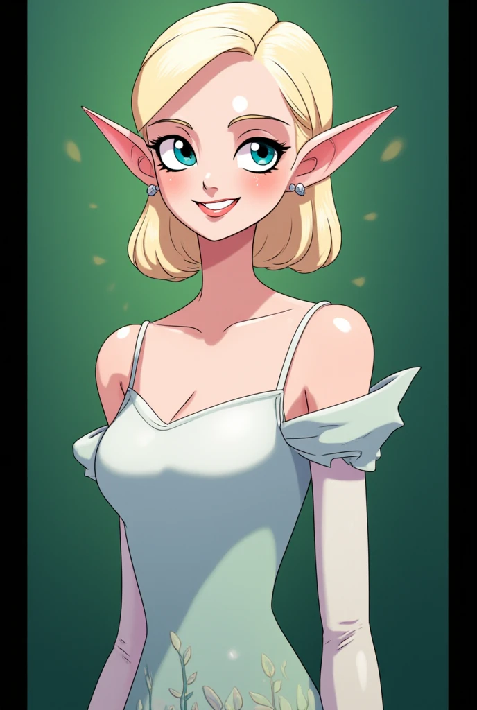 waist shot of a female elf, intricate, slender face, elegant, wearing sapphire necklace, white light dress with straps, facing camera, highly detailed, digital painting, artstation, concept art, smooth, sharp focus, illustration, art by artgerm and greg rutkowski and alphonse mucha, 8k, volumetric fog, bloom, light rays, lumen, cranked bokeh