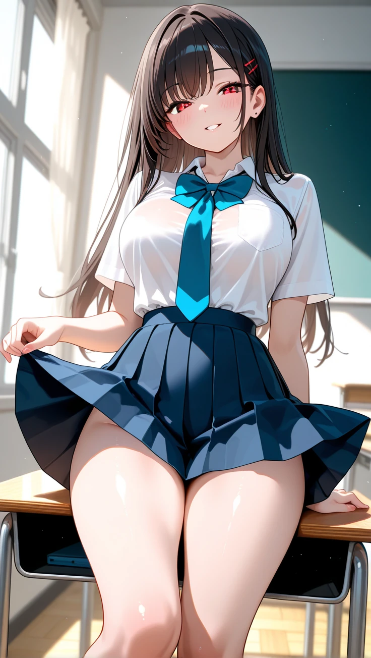 highest quality,best quality,((1girl,crowd:1.3)),((big breasts:1.3)),((orgasm,blush, sweat, tears, tongue out:1.3)), open mouth,Tachibana Arisu,((long hair,straight hair:1.3)),hair ribbon,white shirt,pleated skirt,blue skirt,mini skirt,panty shot,upskirt,lift skirt,white panties,lace panties,classroom,Hand in panties,((((put one hand in your panties:1.3)))),wet,pussy juice,squatting,open legs