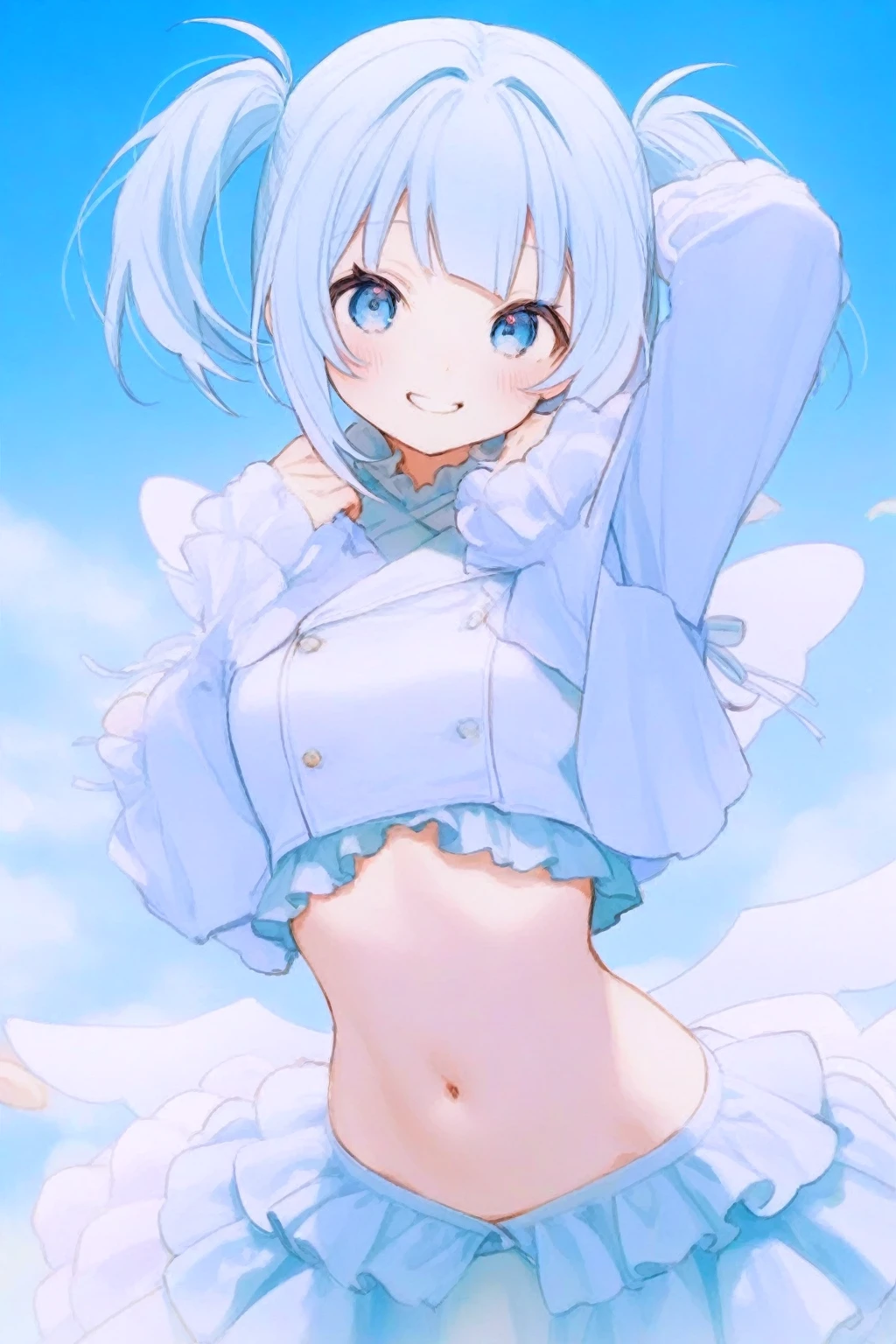 blush, outdoors, daytime, simple background, blue sky, rippled hair, sky, looking at the audience, girl, flat breasts, (chibi:0.6), very cute expression, small short legs, avatar, toes, panties