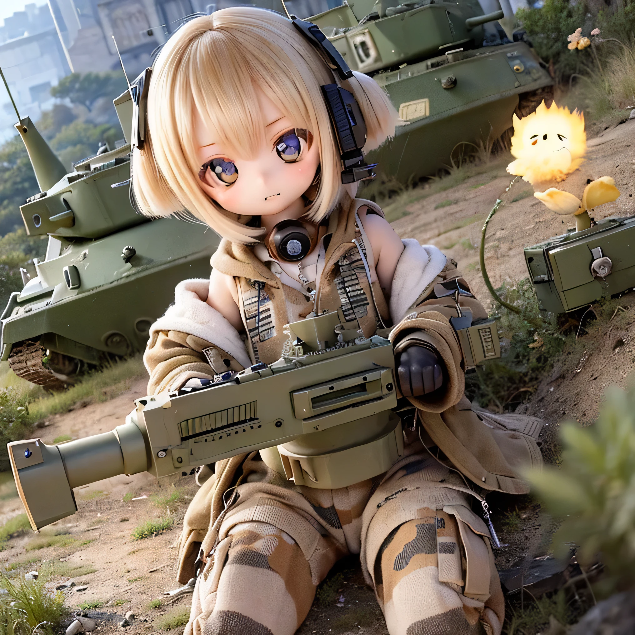 Bomb disposal expert，barbiecore，Small loli，See-through installation，tmasterpiece，8K，Full of details，Follow the tank convoy with RPGs