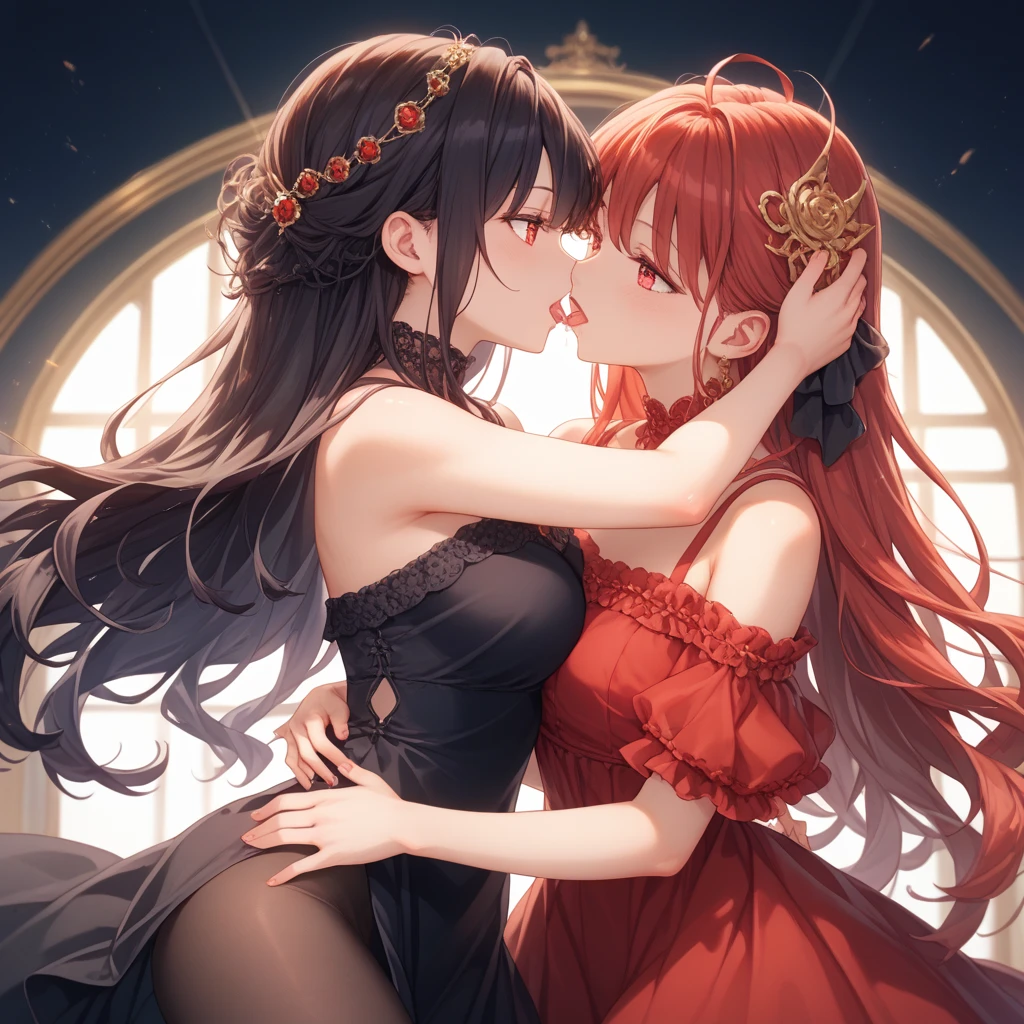 ((Highest quality))、((masterpiece))、(detailed)、((Anatomically correct))、(High resolution、8k)、Two Women、(kiss:1.3)、Two people looking at each other、cowboy shot、 (Beautiful Eyes:1.2)、Gothic Dress、Gorgeous garden with blooming flowers、Petals fluttering、