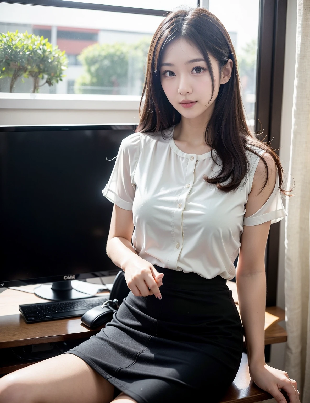 a 1girl、White Skin、hair long:1.2、Korean、young、bright blue eyes、thick eyebrows、Freckles on the skin、head tilted、one ear out、a smiling look、Sticking out teeth、School Uniform、small waist、wide thighs、wide thigh gap、all on fours、Inside the cubicle of the toilet、Hyper realistic、High Detail、8K、MASTERPIECE nudty