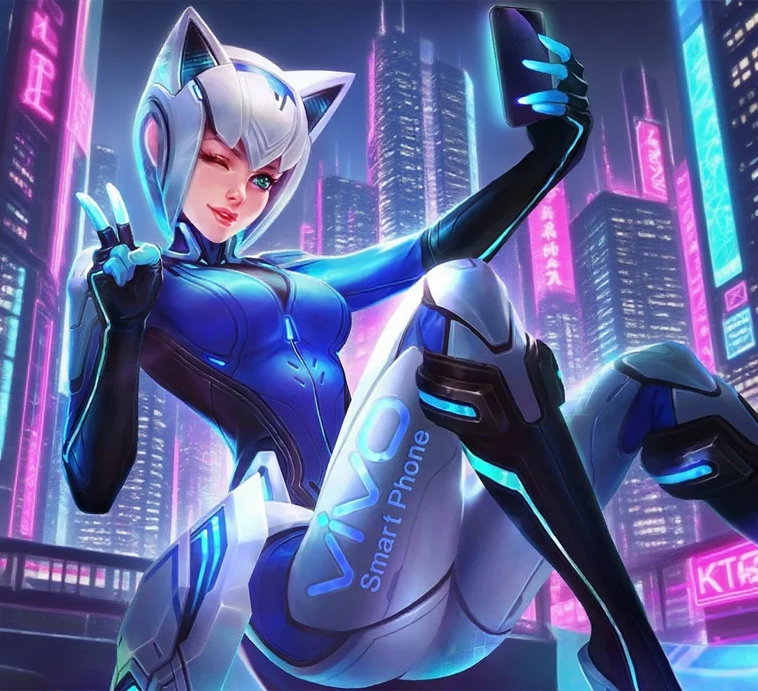 (female:1.2), 8k, ultra hd, ultra detailed texture, hyper realistic, masterpiece, detailed texture, detailed face, detailed skin, detailed lighting, (photorealistic:1.5), best quality, beautiful lighting, cinematic lighting, professional lighting, ultra highres, realistic, detailed hair, real hair, high quality, (realskin:1.5), extremely detailed, finely detail, ultra-detailed, 1girl, solo, mecha musume, robotic, floating, (green eyes:1.5), one eye closed, glowing eyes, pink lips, parted lips, nose, white skin, pretty, beautiful, make up, cute face, smile, mechanical hair, helmet, metalic cat ears, headgear, large breasts, thigh, bodysuit, pauldrons, headwear, mechanical animal ears, iron legwear, eudora \(mobile legends\), knee up, cellphone, selfie pose, peace sign, depth of field, looking aways, skin tight, amazing pose, glowing, blue bodysuit, galaxy, floating little robot,blurry background
