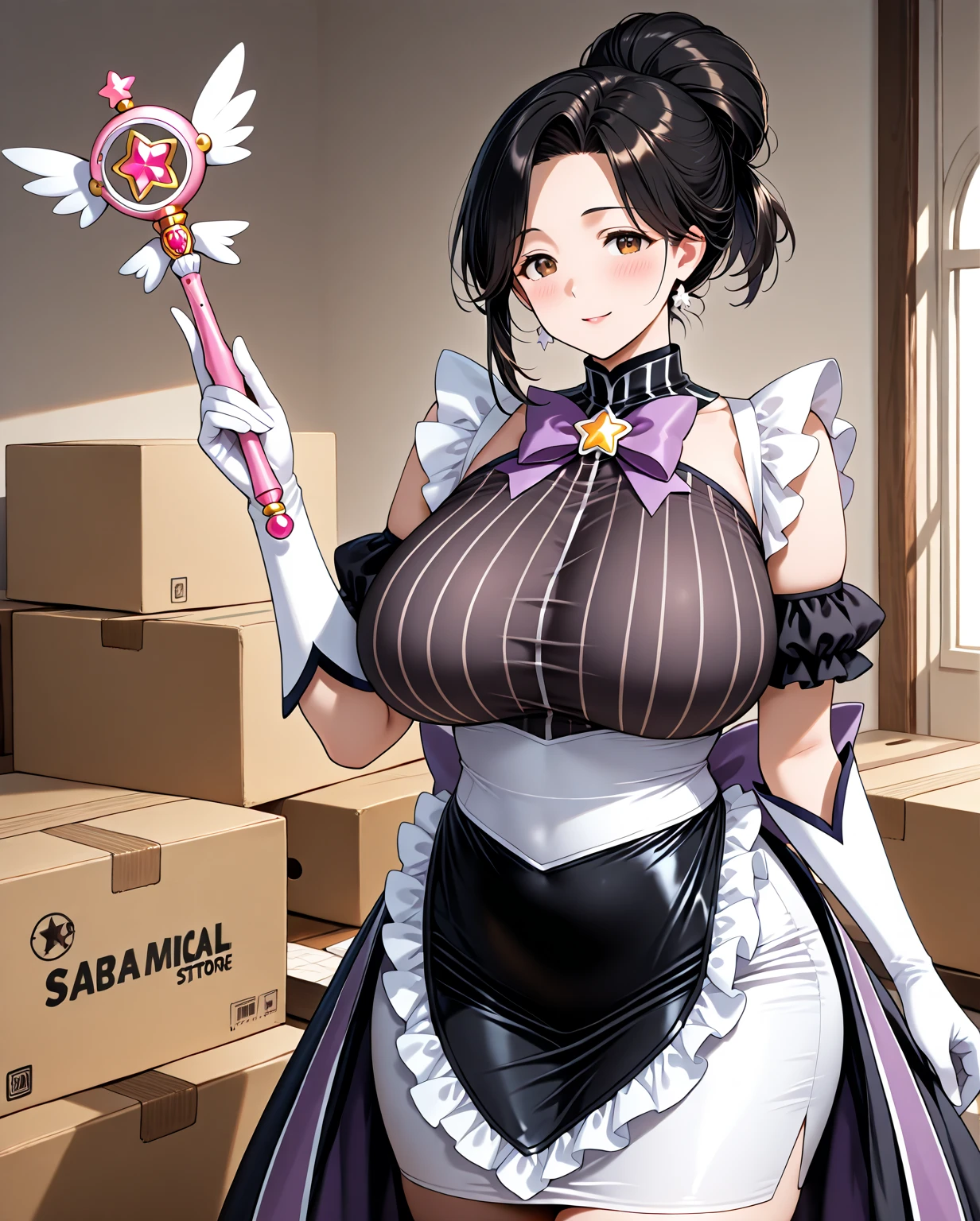 beautiful mature woman, detailed beautiful face, brown eyes, kind eyes, big breasts, apron, tight skirt, (black hair, updo), ((Use the Magical Girl wand to magically store the Magical Girl's costume away in a cardboard box)):2, beautiful mature woman illustration, fusion of reality and fantasy, incredibly absurd, 8k, masterpiece, top quality, amazing quality, bright atmosphere, world where magic is real, magical girl retirement, my room, absurdres,