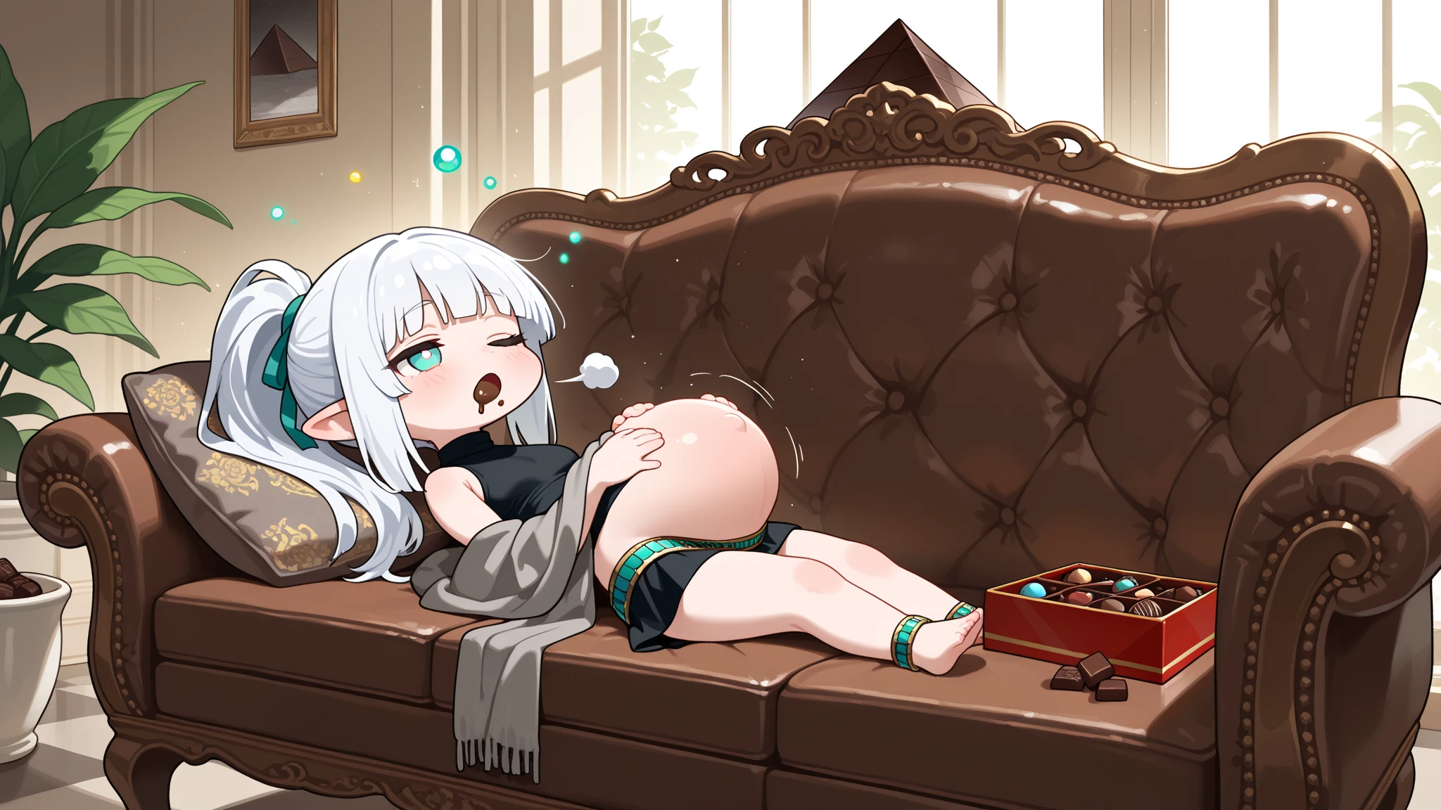 Bottomless, loli, young, small breasts, sleeping, hood, inside a treasure chest, curled up, fetal position, treasure chest
