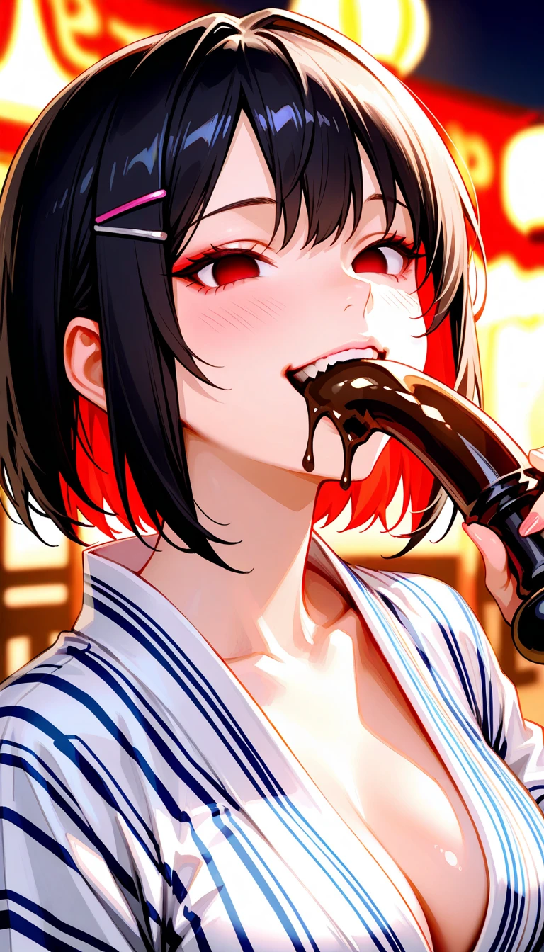 handjob,side view,eye-level shot,face focus,open mouth,tongue out,cum on tongue,Licking sausages,(1girl,Beautiful 14 year old girl),((Slender,Small breasts,Baby Face,Small face,)),looking at viewer,Black Hair,bangs,two side up,Gray Eyes,Drooping eyes,slit pupils,narrow eyes,collarbone,black t-shirt,off-shoulder look,Black and red checkered short skirt,Beautiful and detailed anime art,Mischievous smile,Dimly lit room,Simple Background,Gray background,Low lighting
