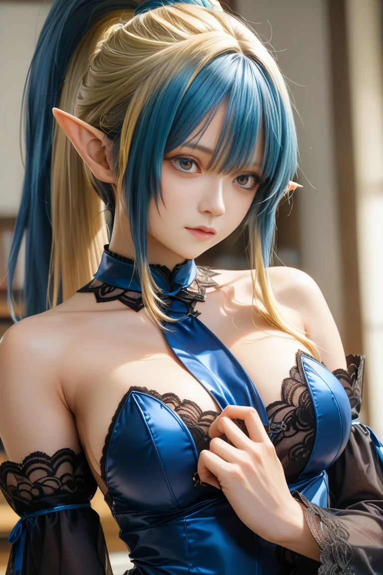 A woman with blue hair and horns on her head, a photorealistic painting inspired by the Master of the Legend of Saint Lucy, trends in cg society, Fantasyart, Cosplay de garota de anime, anime girl in real life, anime-inspired, cosplay de anime, ornate cosplay, role model | artgerm, cosplay realista, she has elf ears and gold eyes, Overview