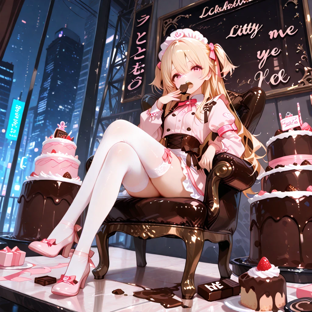 masterpiece, best quality, High Quality、Little girl in white military uniform、Blonde、side up hair、white stockings、legs crossed、turning the back of her foot toward the viewer、 one female character covering her face 、chewing chocolate with her teeth、sitting on a chocolate chair、piling up lots of sweets, Cakes, etc. , Around that chair、 City、Cute Designs、Japanese anime illustration style